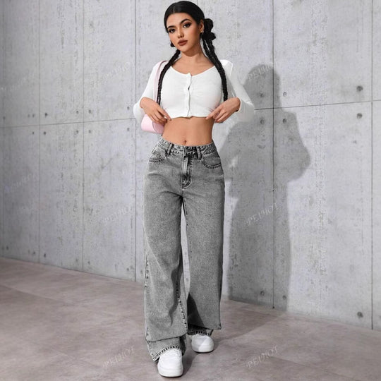 Damen Weit geschnittene Jeans mit kräftigen Kontrastnähten und verspielt gestickten Taschen R&B