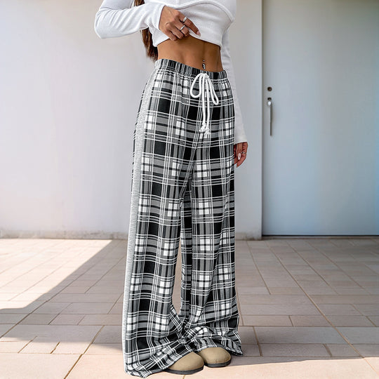 Damen weite Freizeithose mit Karo-Muster und verstellbarem Bund R&B