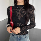 Damen nan eng anliegendes Spitzen-Langarmshirt mit floraler Ajour-Spitze, leicht transparent und Stehkragen R&B