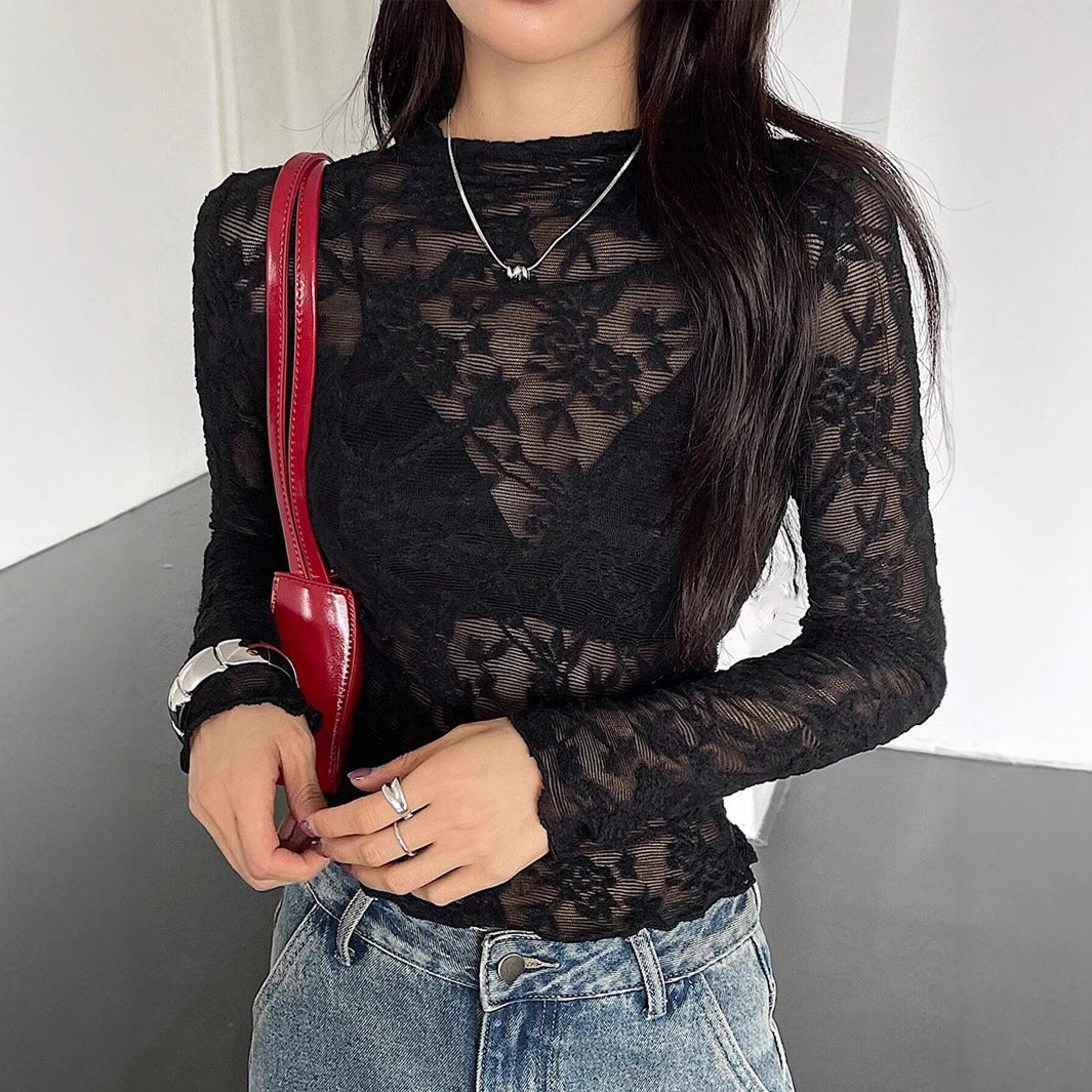 Damen nan eng anliegendes Spitzen-Langarmshirt mit floraler Ajour-Spitze, leicht transparent und Stehkragen R&B