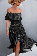 Damen Off-Shoulder Maxikleid mit Rüschendetails und seitlichem Schlitz R&B
