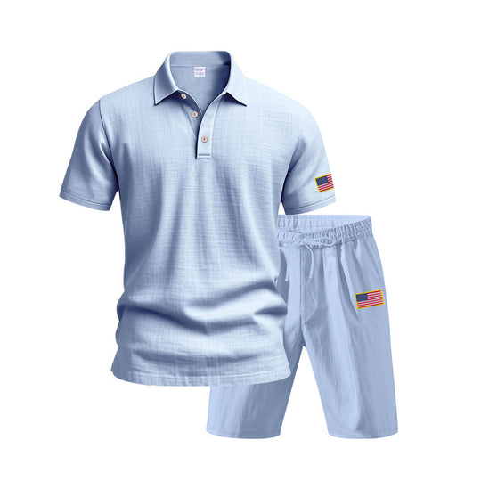 Herren Polo- und Shorts-Set mit gesticktem Länderflaggen-Motiv R&B