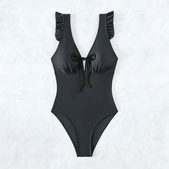 Damen Einteiler Badeanzug mit eleganten Volants und tiefem V-Ausschnitt R&B