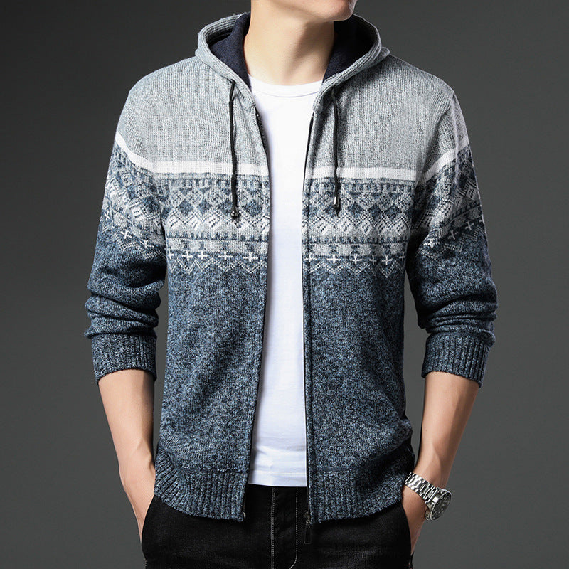 Herren gemusterte Strickjacke mit Kapuze und komfortablem Schnitt