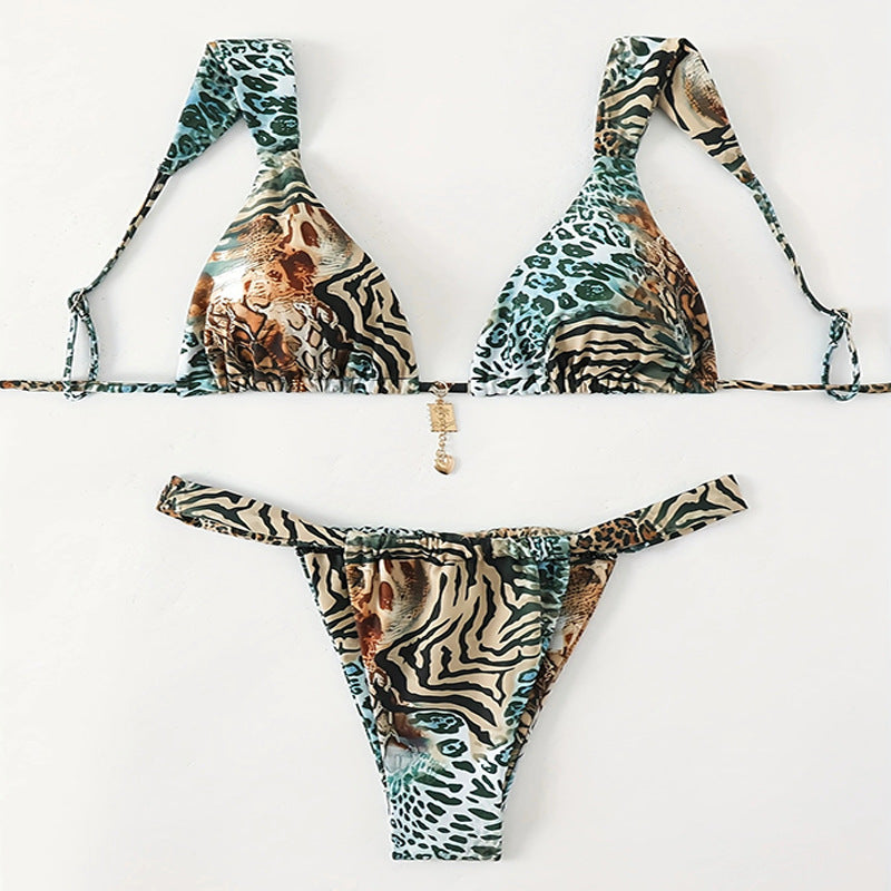 Damen Triangel-Bikini mit verstellbaren Trägern und modischem Leopardenmuster R&B