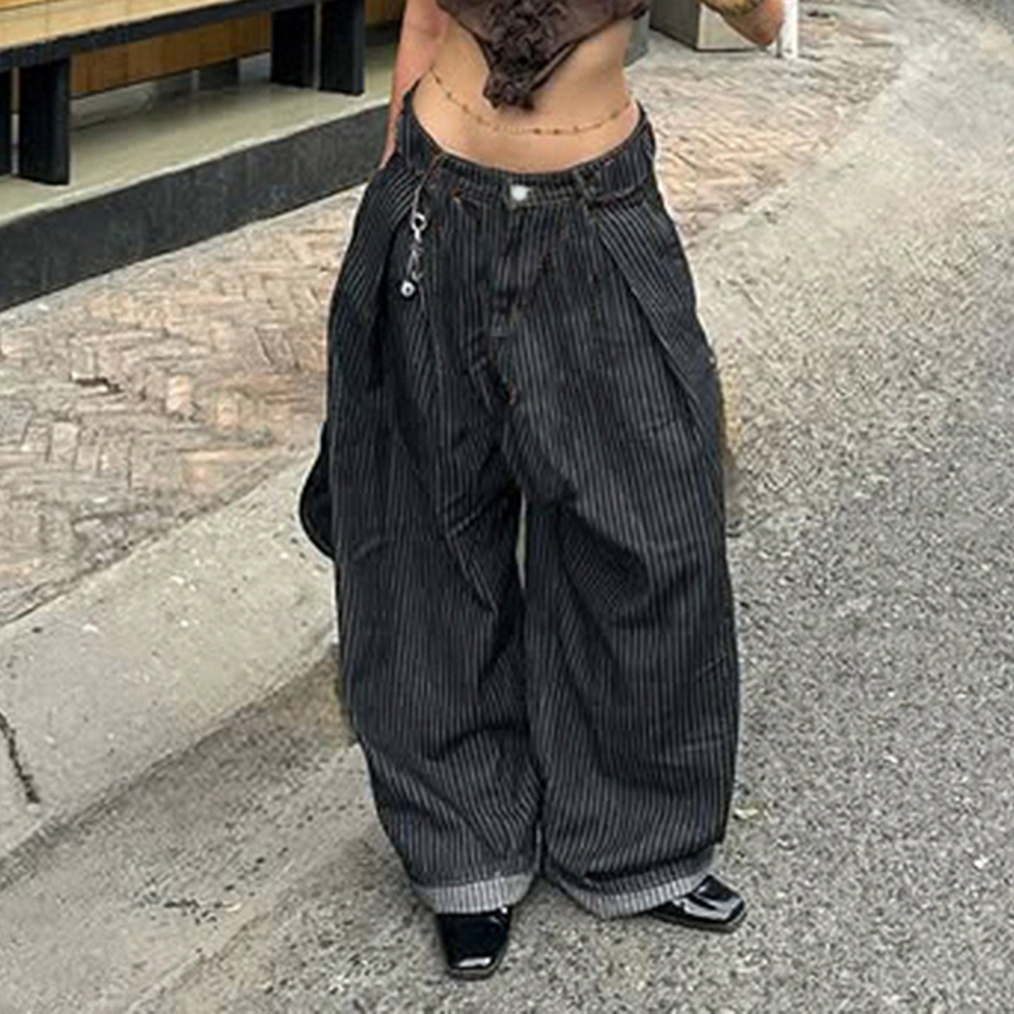 Damen Weite Hochtaillierte Streifenjeans R&B