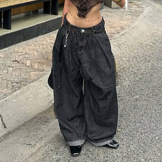 Damen Weite Hochtaillierte Streifenjeans R&B