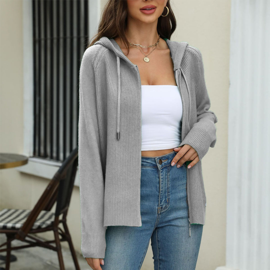 Damen legerer Strickcardigan mit Kapuze und Reißverschluss R&B