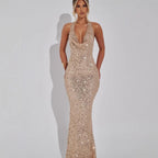 Damen Glamouröses Pailletten-Abendkleid mit tiefem V-Ausschnitt und elegantem Wickeldesign
