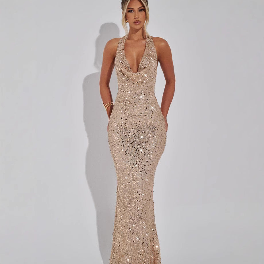 Damen Glamouröses Pailletten-Abendkleid mit tiefem V-Ausschnitt und elegantem Wickeldesign