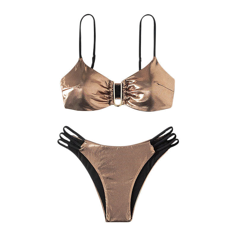 Damen Bikini-Set mit raffinierten Schnüroptik und goldenen Akzenten