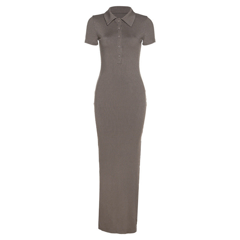 Damen Maxikleid mit kurzem Arm und klassischem Kragen R&B