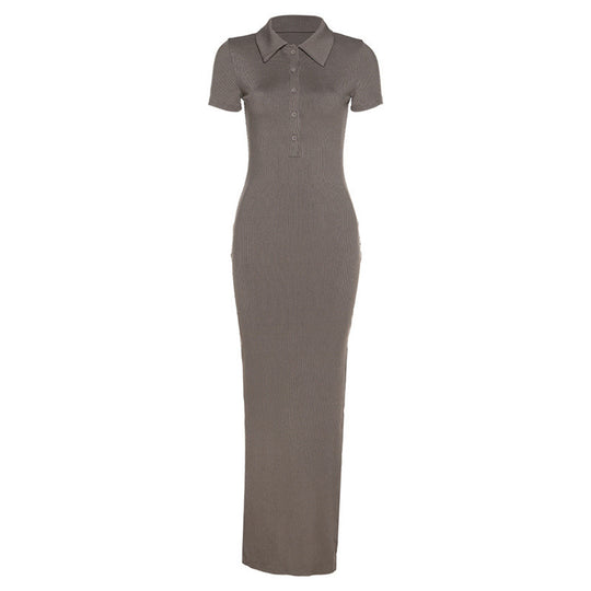 Damen Maxikleid mit kurzem Arm und klassischem Kragen R&B