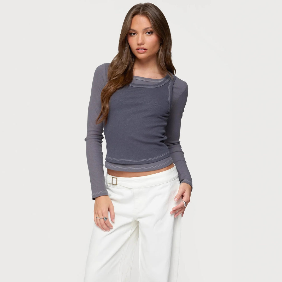 Damen Langarm-Crop-Top mit modischem Farbkontrast und nahtloser Verarbeitung R&B