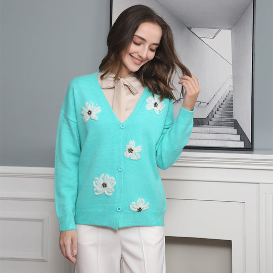 Damen Strickjacke mit floralem Motiv und eleganter Knopfleiste R&B