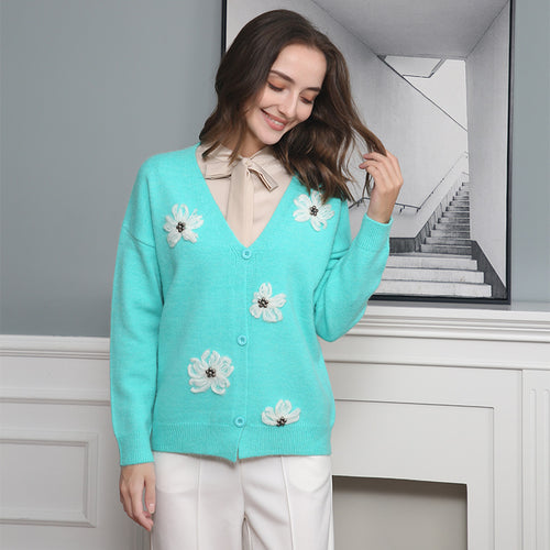 Damen Strickjacke mit floralem Motiv und eleganter Knopfleiste R&B