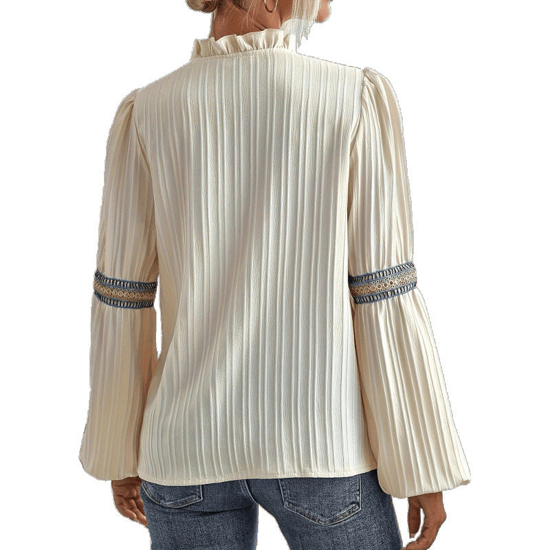Damen elegante plissierte Bluse mit verzierten Besätzen R&B
