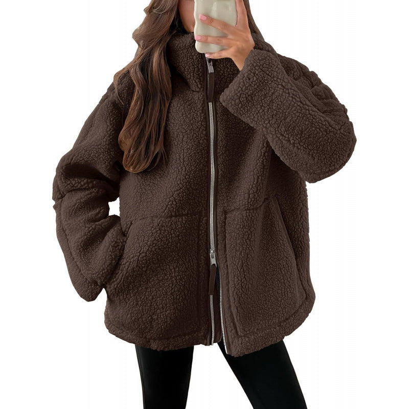 Damen Kuschelige Teddyfelljacke mit hohen Kragen und Reißverschluss R&B