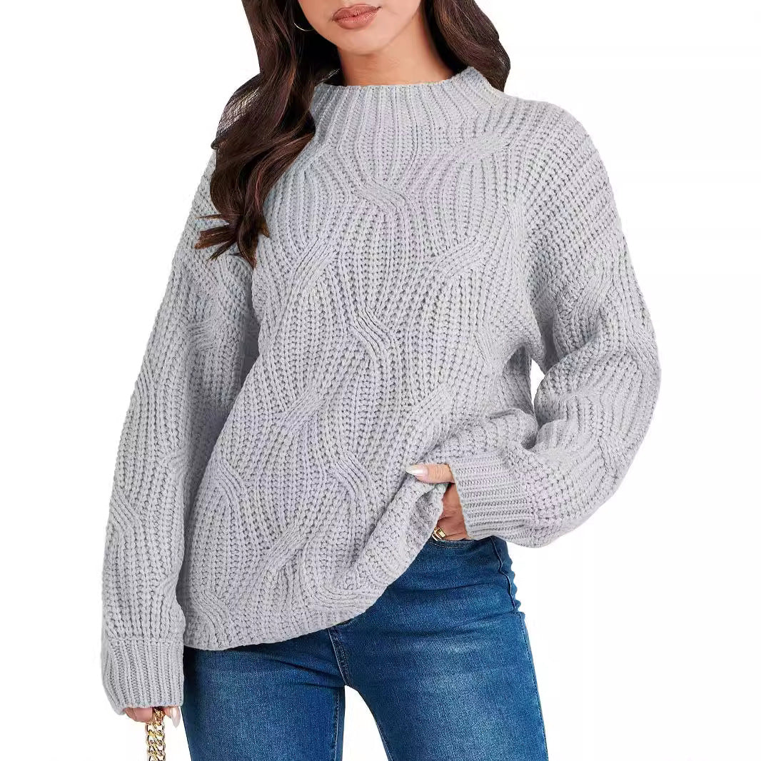 Damen Grobstrickpullover mit extravagantem Wellenmuster und hohem Kragen R&B
