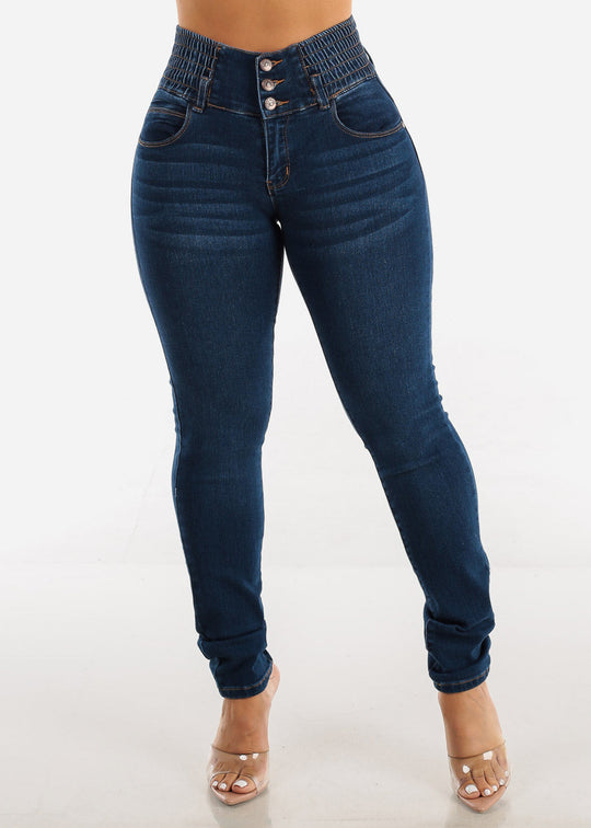 Damen Slim Fit Jeanshose mit elastischem Bund und Knopfverschluss R&B