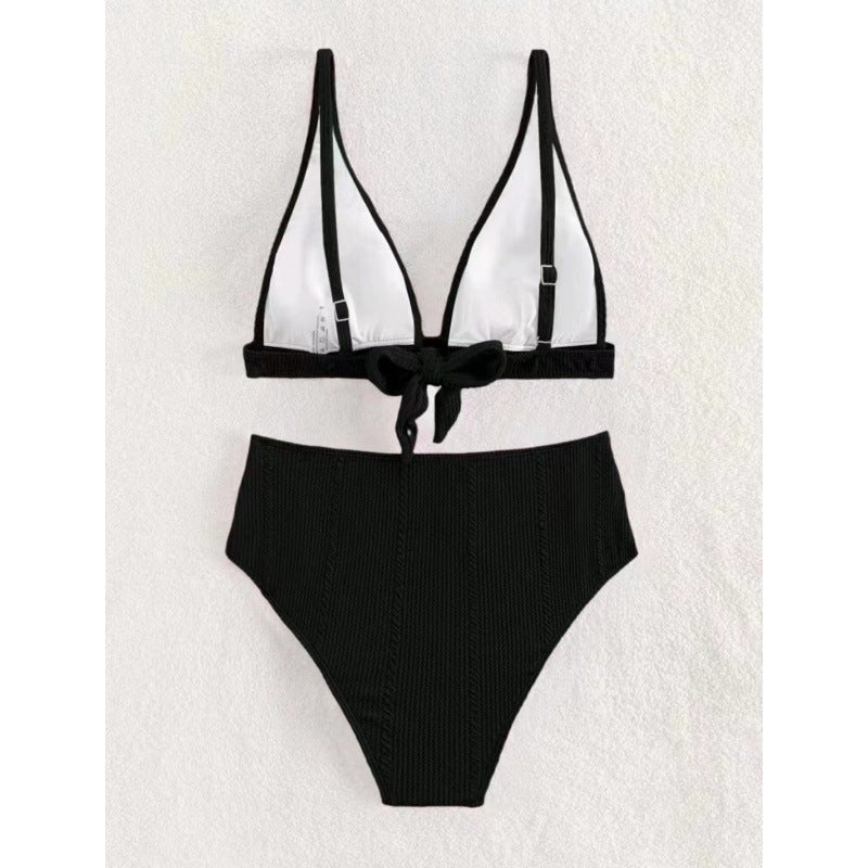 Damen Hochgeschnittener Bikini mit elegantem V-Ausschnitt und geripptem Design R&B