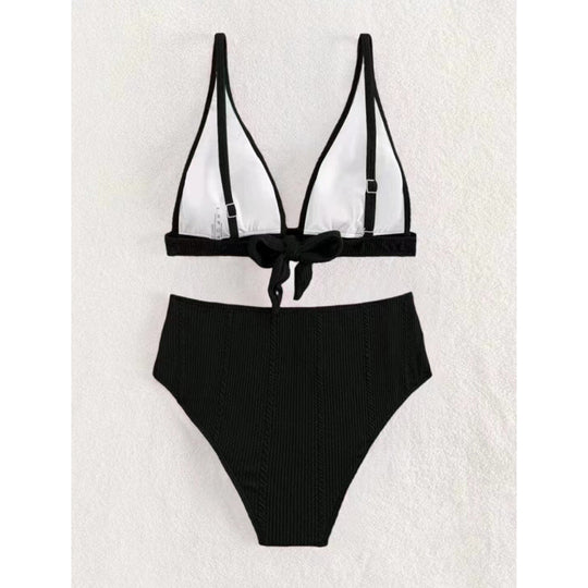 Damen Hochgeschnittener Bikini mit elegantem V-Ausschnitt und geripptem Design R&B