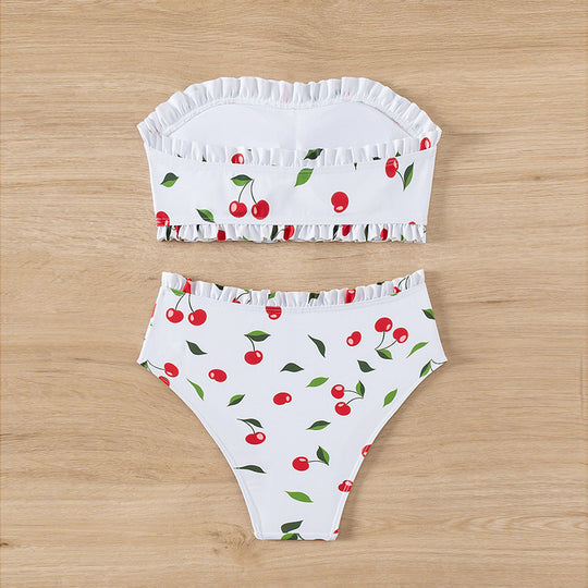 Damen Bandeau-Bikini mit fröhlichem Kirschmuster und eleganter Rüsche R&B