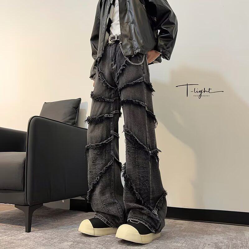 Damen lässige Denim-Hose mit fransigen Details und weitem Schnitt