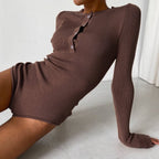Damen Langarm-Bodysuit mit Knopfleiste und Rippstruktur R&B