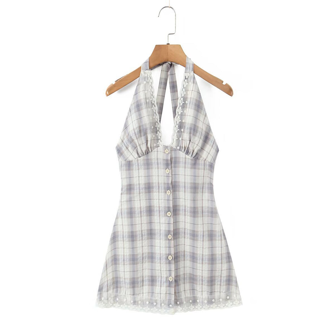 Damen Halterkleid mit floralem Spitzenbesatz und Knopfleiste R&B