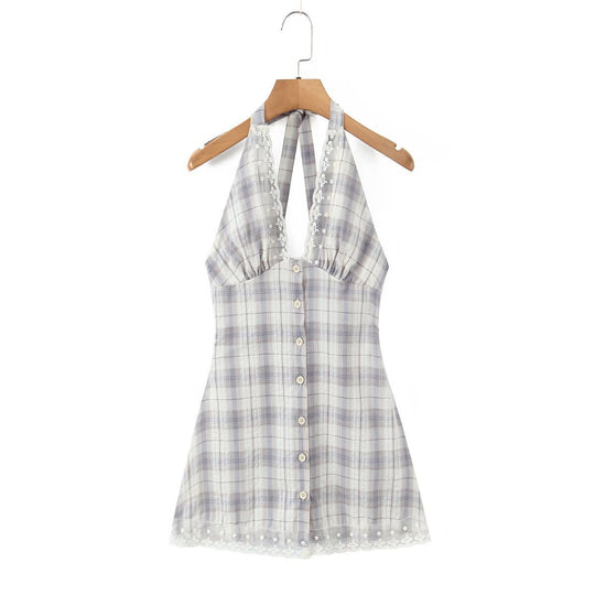 Damen Halterkleid mit floralem Spitzenbesatz und Knopfleiste R&B