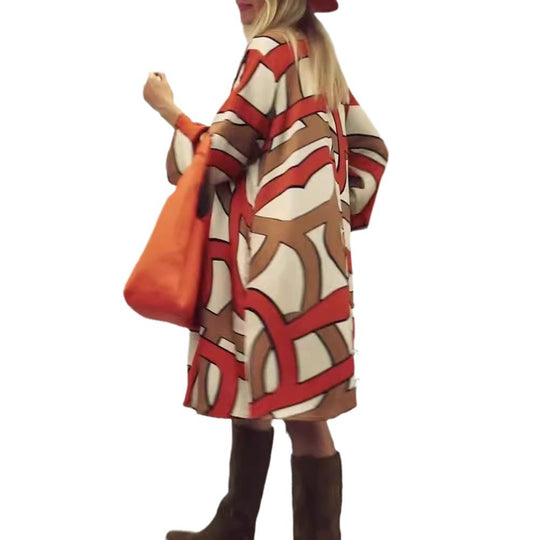 Damen nan großzügiges Swingkleid mit weitem Tulpen-Saum, Fledermausärmeln und grafischem Allovermuster R&B