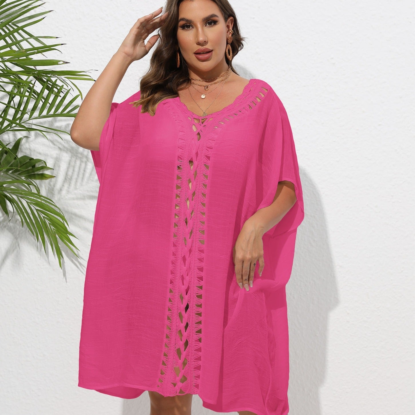 Damen Luftiger Strandkimono mit dekorativer Häkelspitze R&B