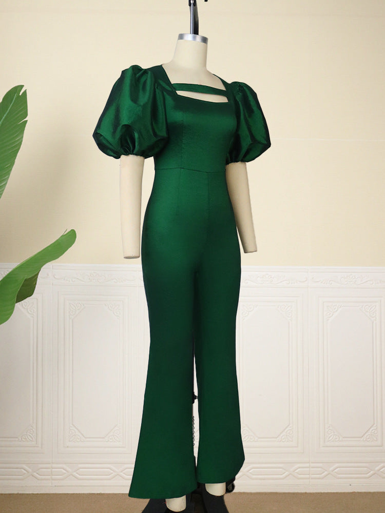 Damen eleganter Overall mit Puffärmeln und quadratischem Ausschnitt R&B