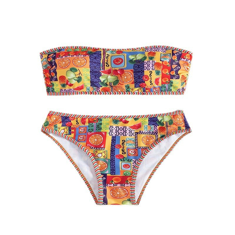 Damen Bandeau-Bikini mit buntem Muster und elastischem Unterteil R&B