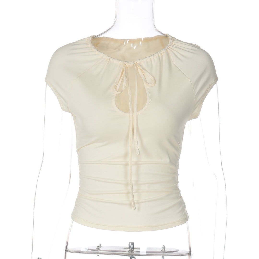 Damen figurbetontes Kurzarmshirt mit Dekolleté und Raffung R&B