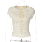 Damen figurbetontes Kurzarmshirt mit Dekolleté und Raffung R&B