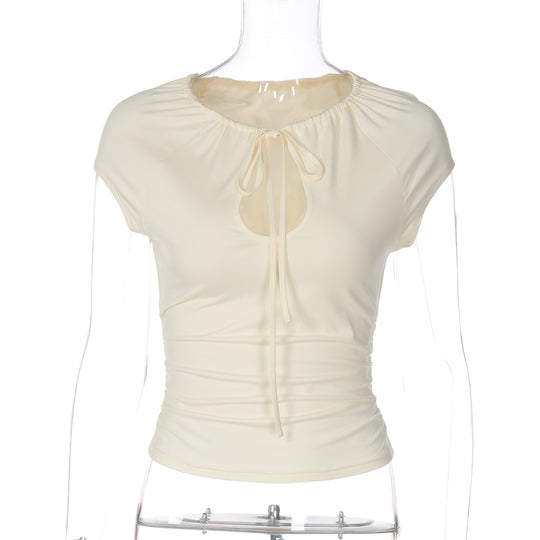 Damen figurbetontes Kurzarmshirt mit Dekolleté und Raffung R&B