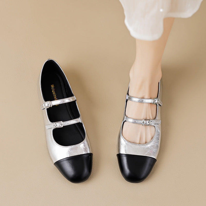 Damen Ballerinas mit doppeltem Riemen und metallic Obermaterial