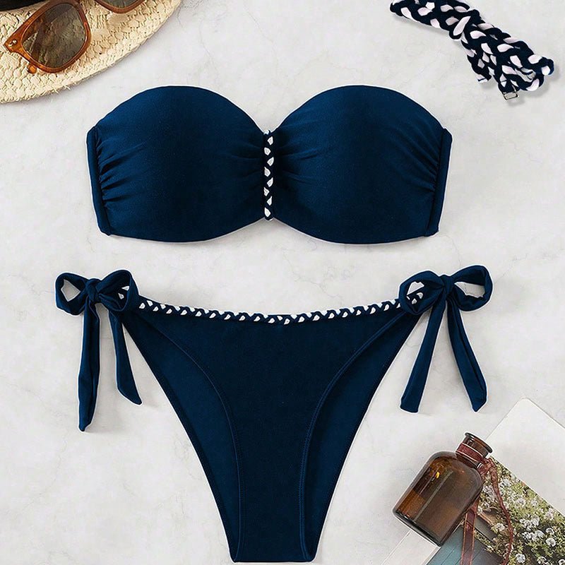 Damen Bandeau Bikini-Set mit raffinierten Rüschendetails und verstellbaren Bindändern