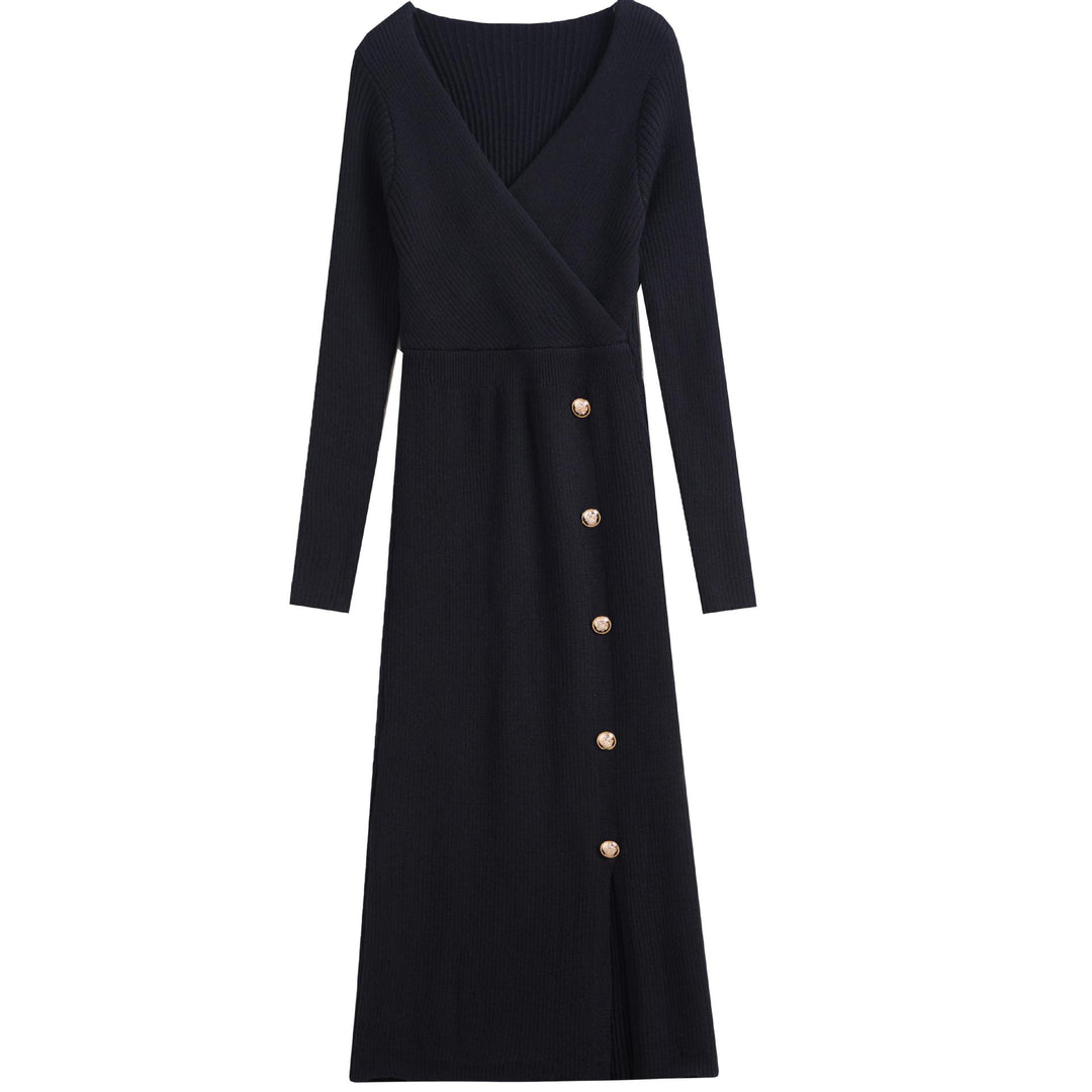Damen Strickkleid mit Wickeloptik und Knopfdetails R&B