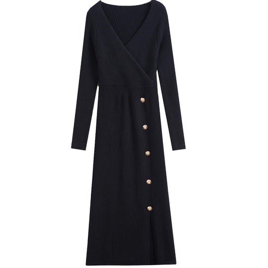 Damen Strickkleid mit Wickeloptik und Knopfdetails R&B