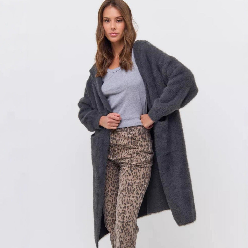 Damen Kapuzen-Strickmantel mit luxuriösem Flauschteil R&B