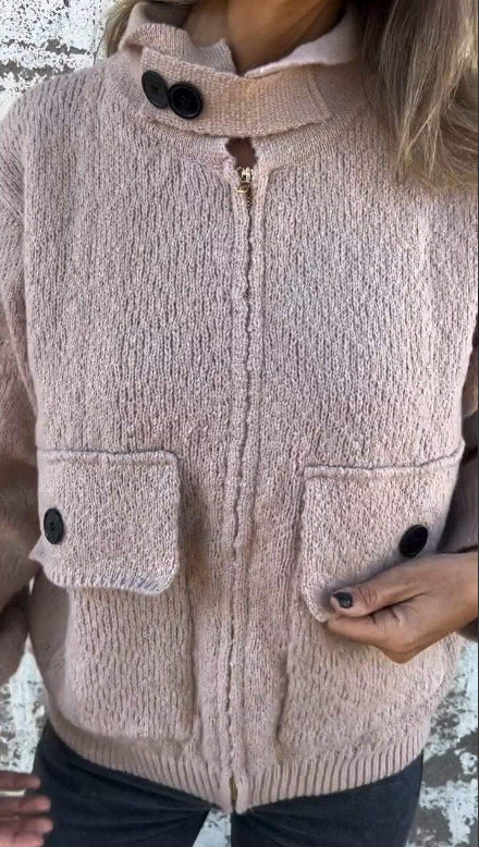Damen weiche Strickjacke mit wärmeisolierendem Kragen und aufgesetzten Taschen R&B