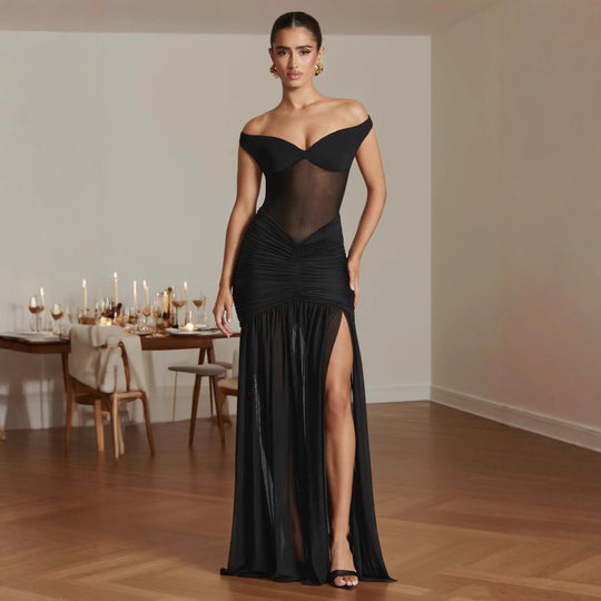 Damen figurbetontes Abendkleid mit schulterfreiem Design und seitlichem Schlitz R&B