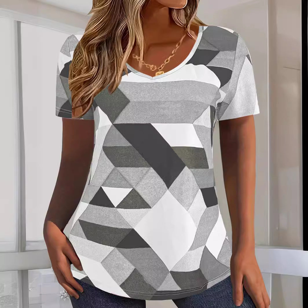 Damen V-Ausschnitt T-Shirt mit geometrischem Muster und weichem Material R&B