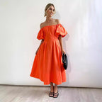 Damen Maxikleid mit schulterfreier Silhouette und voluminösen Ärmeln R&B
