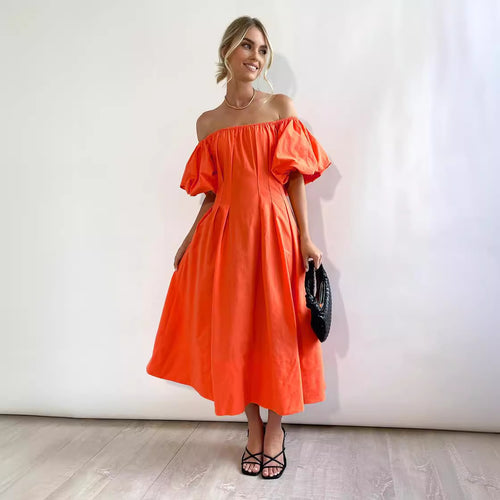 Damen Maxikleid mit schulterfreier Silhouette und voluminösen Ärmeln R&B