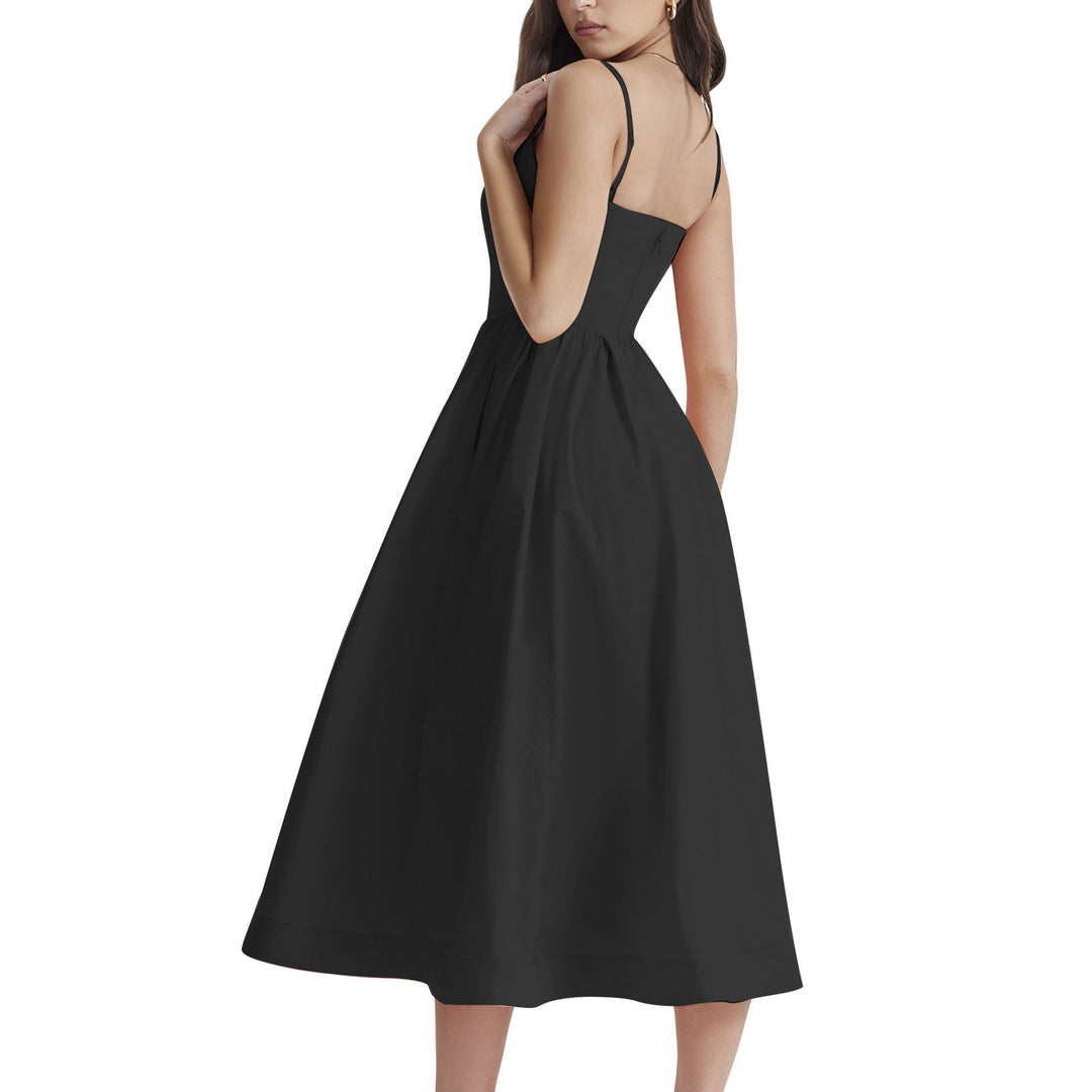 Damen elegantes Midikleid mit Spaghetti-Trägern und fließendem Rock R&B