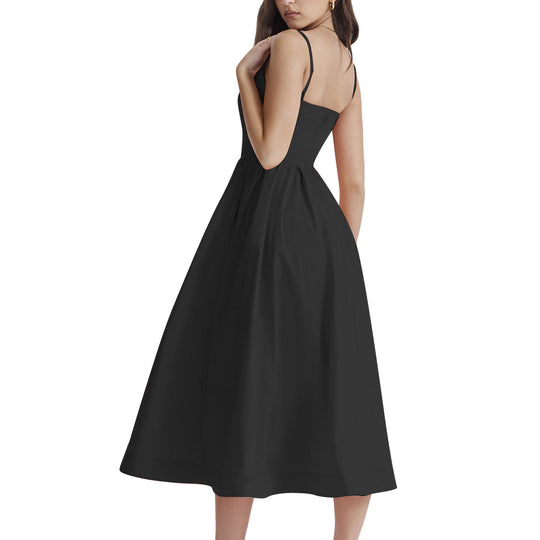 Damen elegantes Midikleid mit Spaghetti-Trägern und fließendem Rock R&B